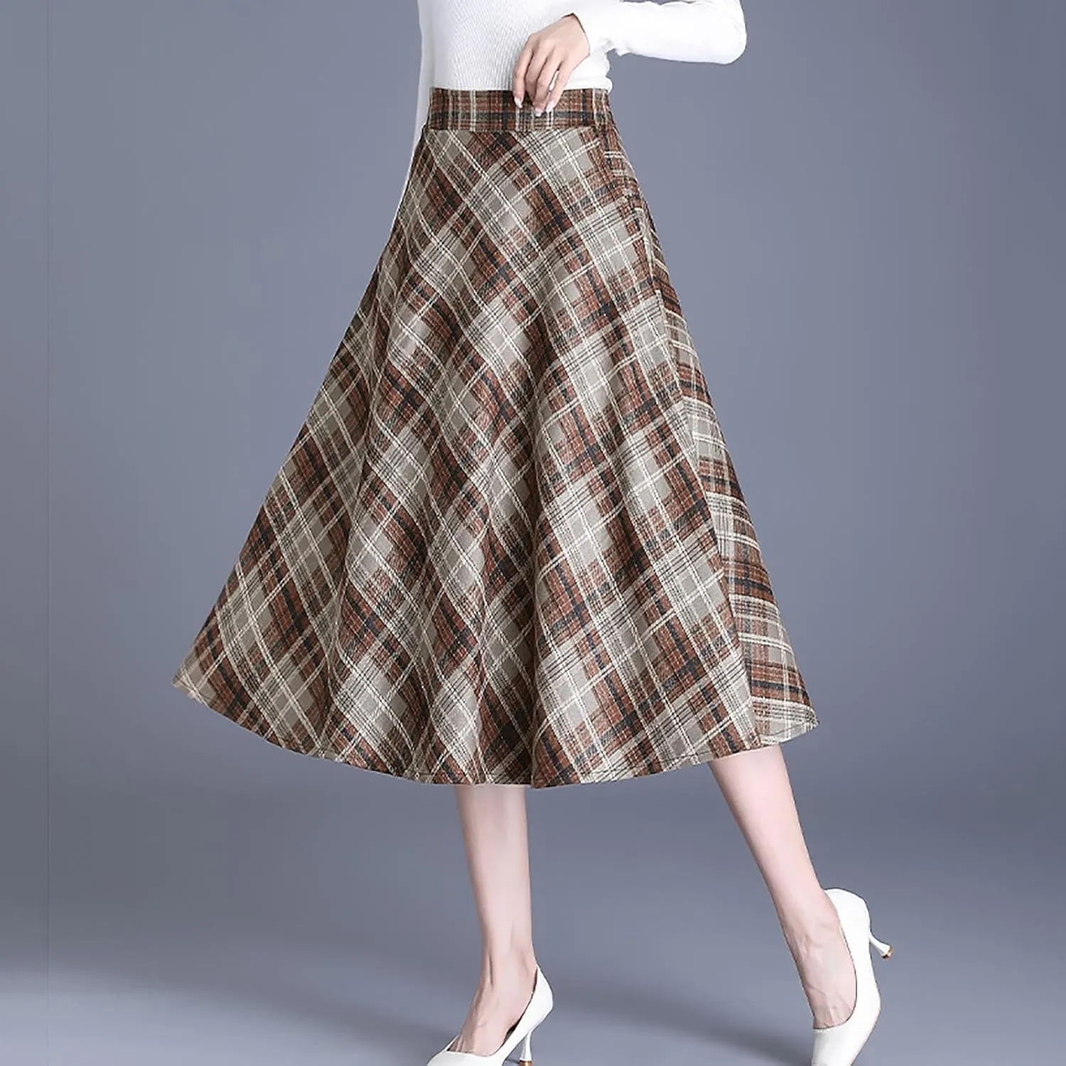 Women's Plaid Skirt Warm Elastic High Waist Wool A-Line Pleated Tartan Winter Long Skirts Casual Flared Midi Skirts