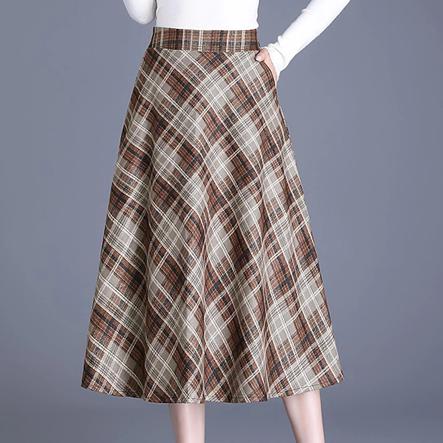 Women's Plaid Skirt Warm Elastic High Waist Wool A-Line Pleated Tartan Winter Long Skirts Casual Flared Midi Skirts