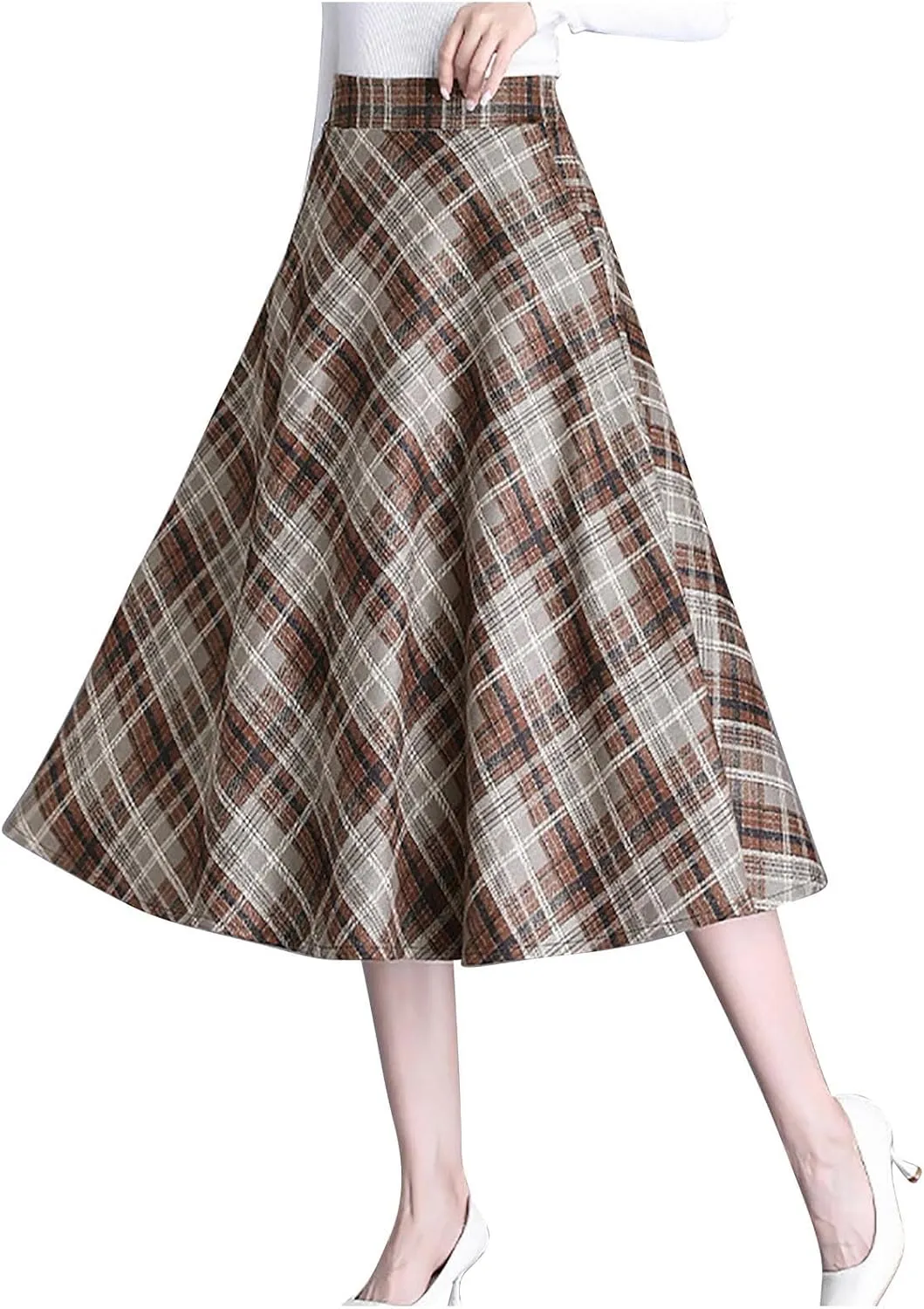 Women's Plaid Skirt Warm Elastic High Waist Wool A-Line Pleated Tartan Winter Long Skirts Casual Flared Midi Skirts