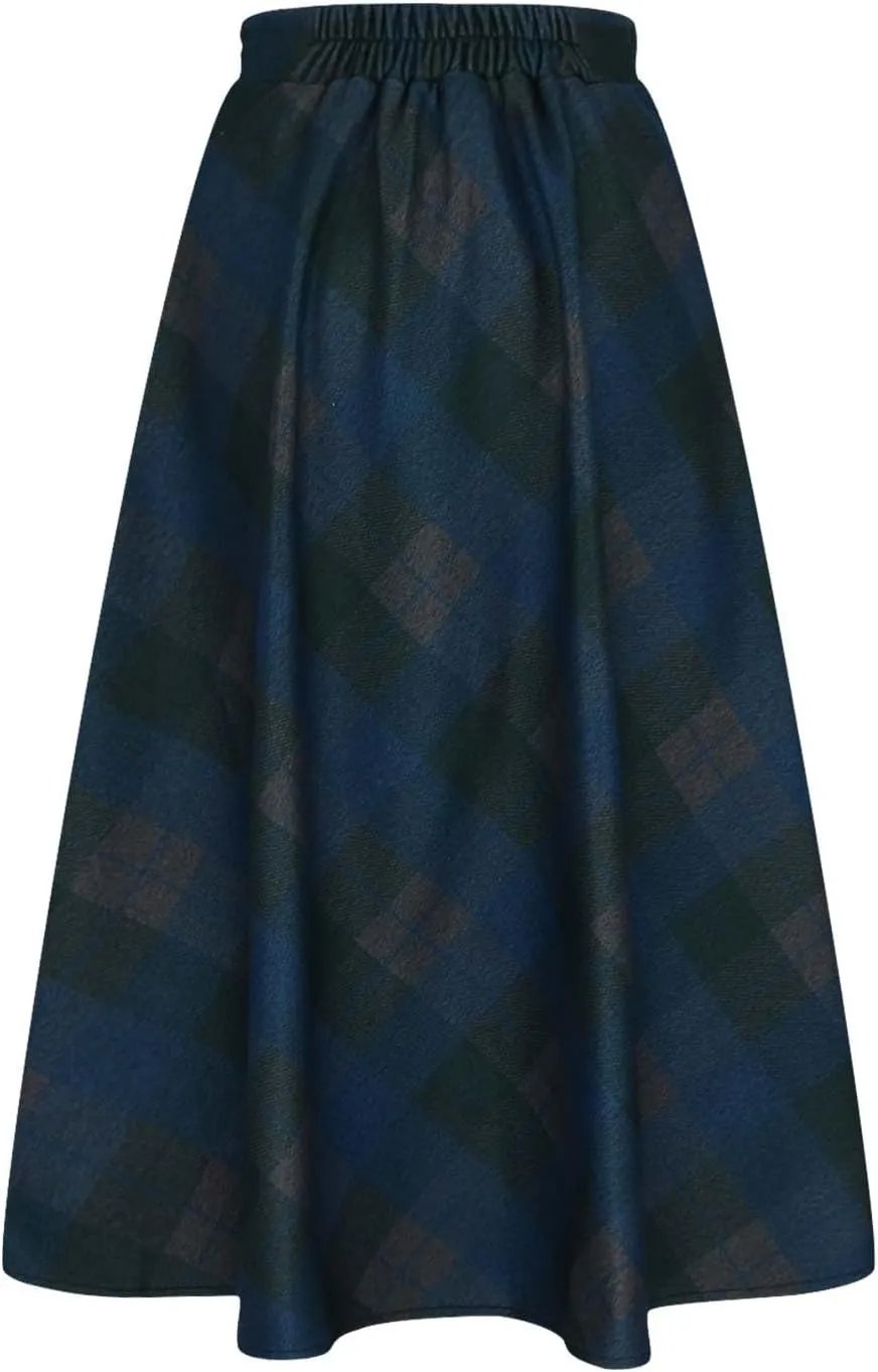 Women's Plaid Skirt Warm Elastic High Waist Wool A-Line Pleated Tartan Winter Long Skirts Casual Flared Midi Skirts