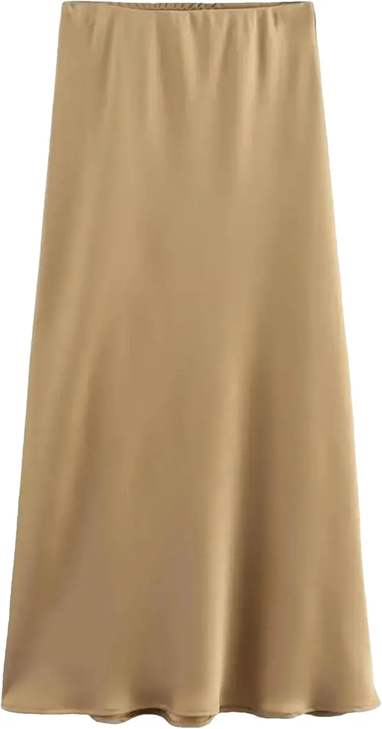WomenS Pleated Midi Satin Skirt - Vintage Mid Elastic Waist Skirts A-Line Midi Skirts for Party Wedding