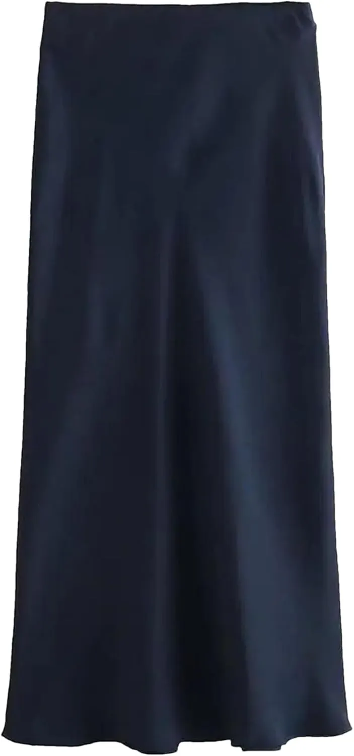 WomenS Pleated Midi Satin Skirt - Vintage Mid Elastic Waist Skirts A-Line Midi Skirts for Party Wedding