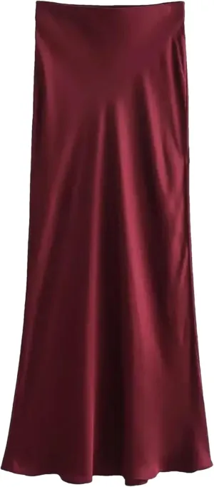 WomenS Pleated Midi Satin Skirt - Vintage Mid Elastic Waist Skirts A-Line Midi Skirts for Party Wedding