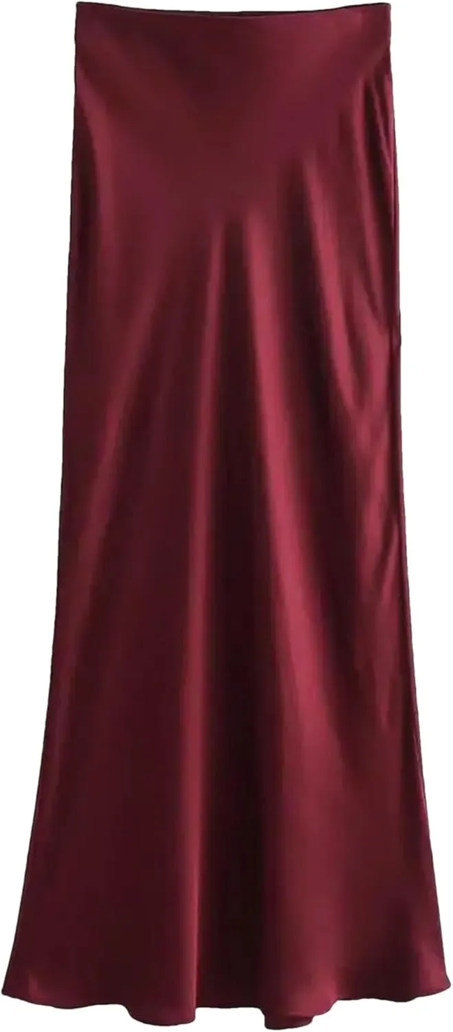 WomenS Pleated Midi Satin Skirt - Vintage Mid Elastic Waist Skirts A-Line Midi Skirts for Party Wedding
