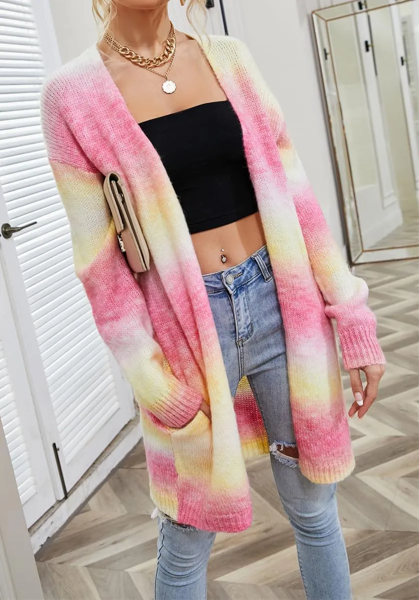 Women's Rainbow Long Knit Cardigan Drop Shoulder Long Sleeve Plus Size Colorful Sweater