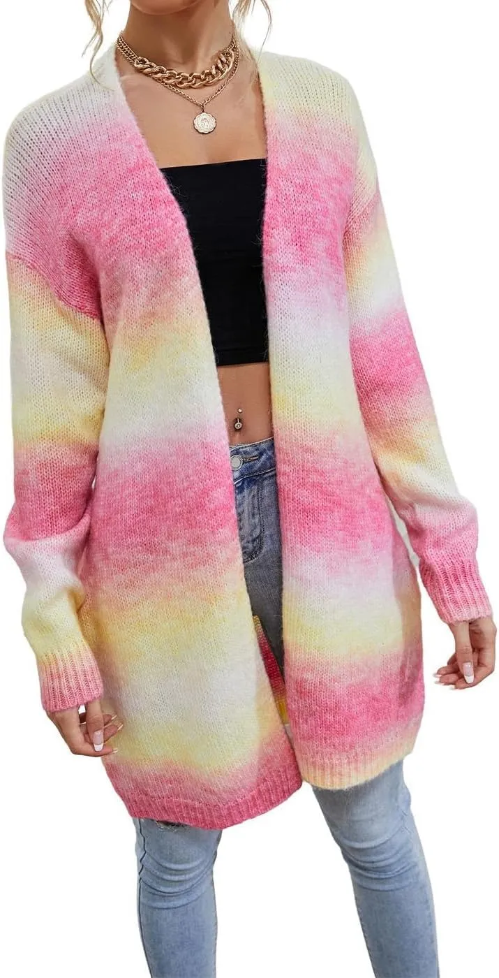 Women's Rainbow Long Knit Cardigan Drop Shoulder Long Sleeve Plus Size Colorful Sweater