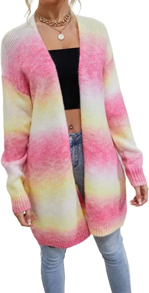 Women's Rainbow Long Knit Cardigan Drop Shoulder Long Sleeve Plus Size Colorful Sweater