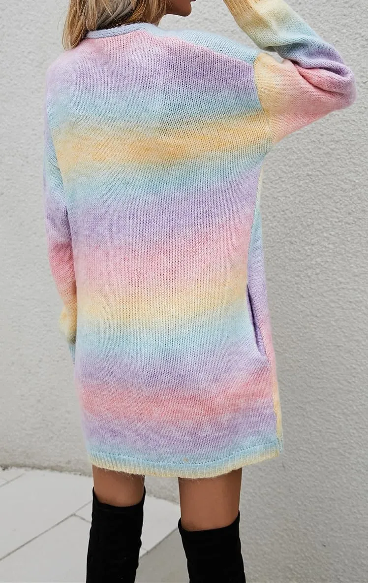 Women's Rainbow Long Knit Cardigan Drop Shoulder Long Sleeve Plus Size Colorful Sweater