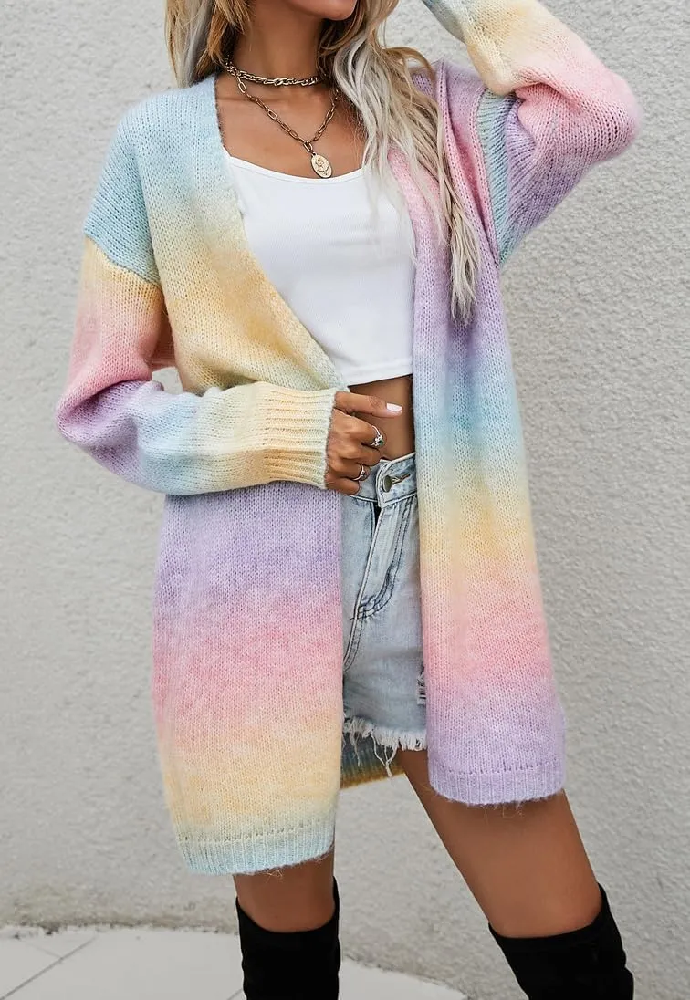 Women's Rainbow Long Knit Cardigan Drop Shoulder Long Sleeve Plus Size Colorful Sweater
