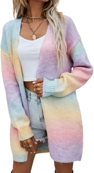 Women's Rainbow Long Knit Cardigan Drop Shoulder Long Sleeve Plus Size Colorful Sweater
