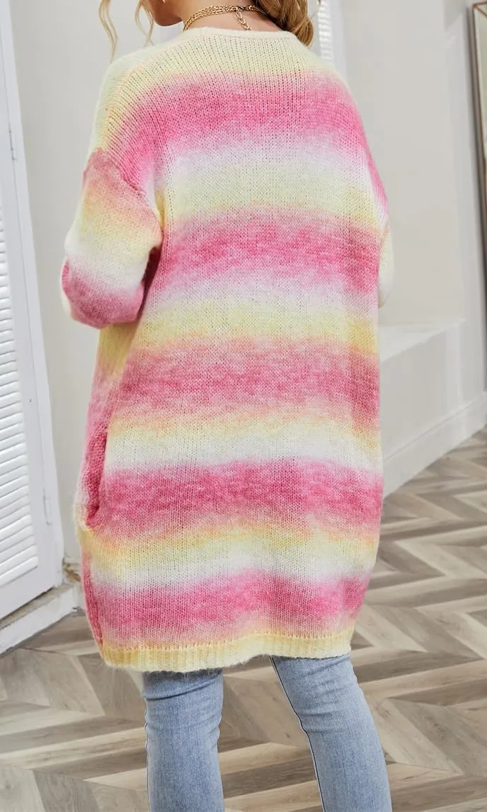 Women's Rainbow Long Knit Cardigan Drop Shoulder Long Sleeve Plus Size Colorful Sweater