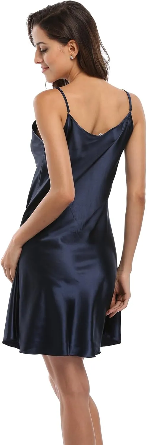 Women's Satin Lingerie Sexy V-Neck Sleepwear Nightdress Full Slip Dress Spaghetti Strap Nightgown Sleepshirt