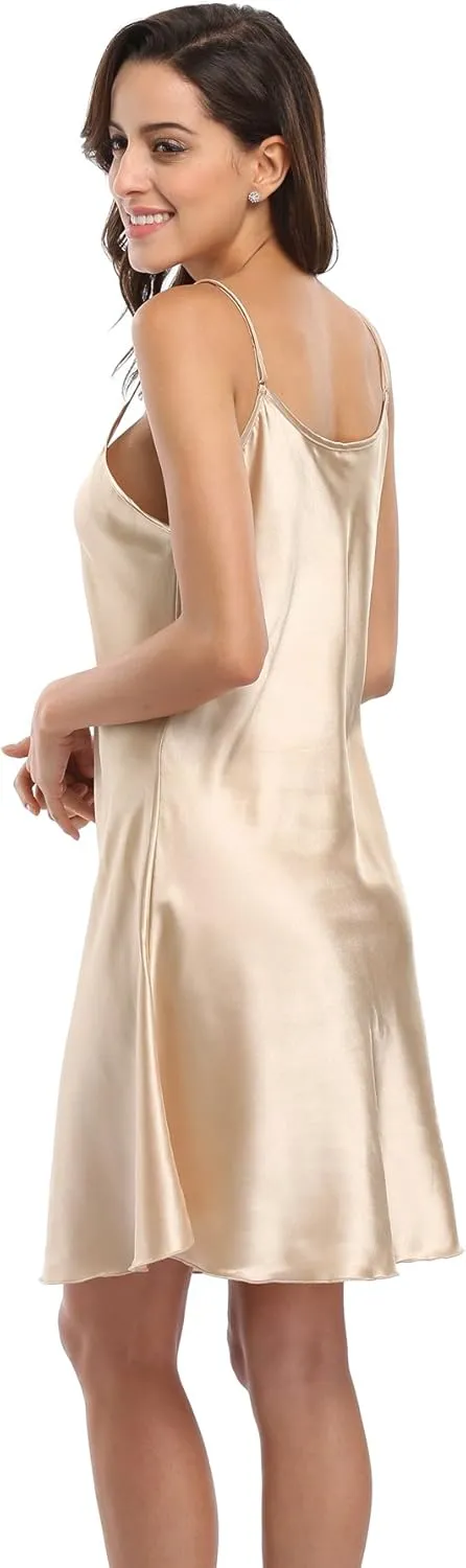 Women's Satin Lingerie Sexy V-Neck Sleepwear Nightdress Full Slip Dress Spaghetti Strap Nightgown Sleepshirt