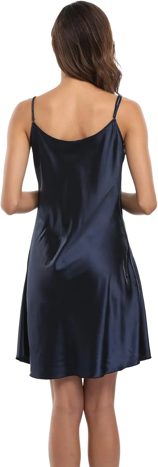 Women's Satin Lingerie Sexy V-Neck Sleepwear Nightdress Full Slip Dress Spaghetti Strap Nightgown Sleepshirt