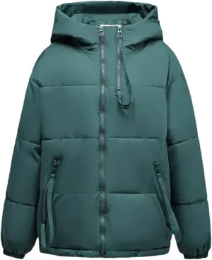 Women's Solid Color Zipper Pockets Parka Coat Vintage Hooded Short Cotton-Padded Jacket