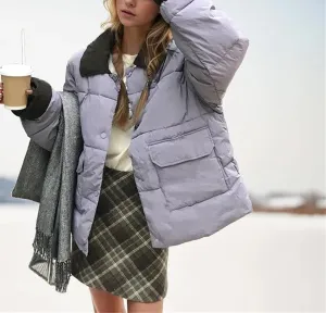 Women's Solid Pockets Short Parkas Coats Vintage Contrast Corduroy Lapel Cotton-Padded Jacket