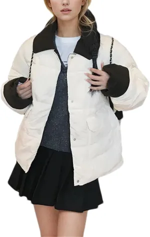 Women's Solid Pockets Short Parkas Coats Vintage Contrast Corduroy Lapel Cotton-Padded Jacket