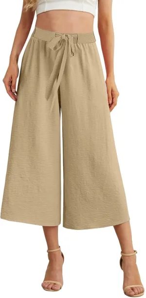 Womens Summer 3/4 Pants Flowy High Waisted Loose Casual Lounge Pant Wide Leg Palazzo Capris Adjustable Pockets S-XXL