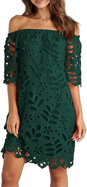 Women's Summer Dresses, Elegant Off Shoulder Floral Lace Hollow 1/2 Sleeve Ruffle Mini Dress
