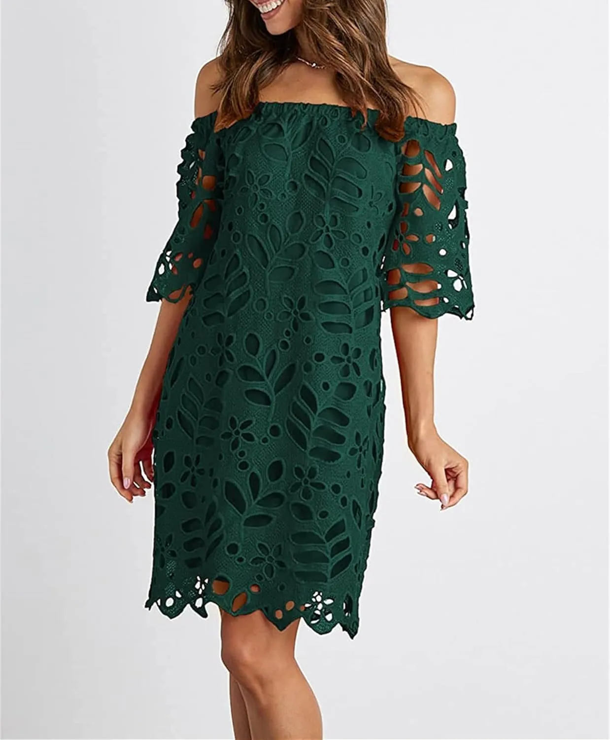 Women's Summer Dresses, Elegant Off Shoulder Floral Lace Hollow 1/2 Sleeve Ruffle Mini Dress