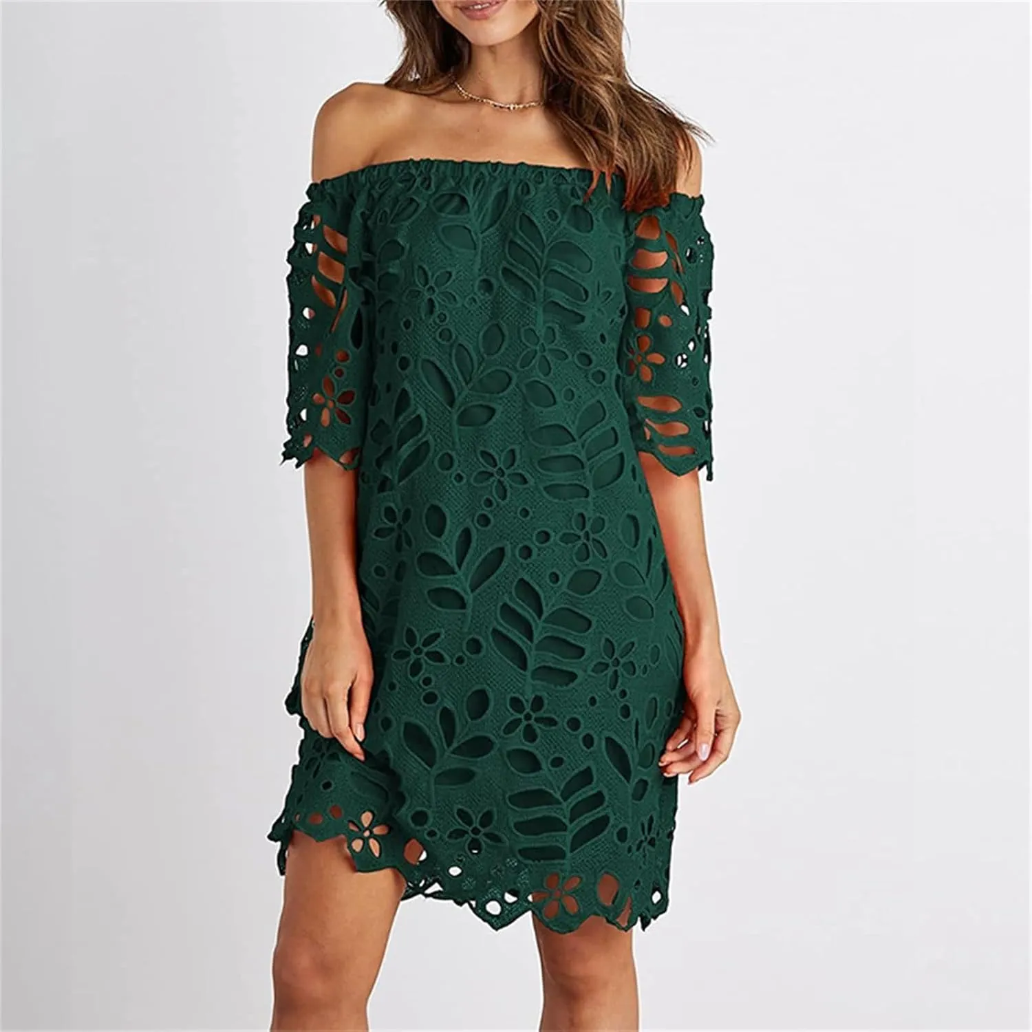 Women's Summer Dresses, Elegant Off Shoulder Floral Lace Hollow 1/2 Sleeve Ruffle Mini Dress