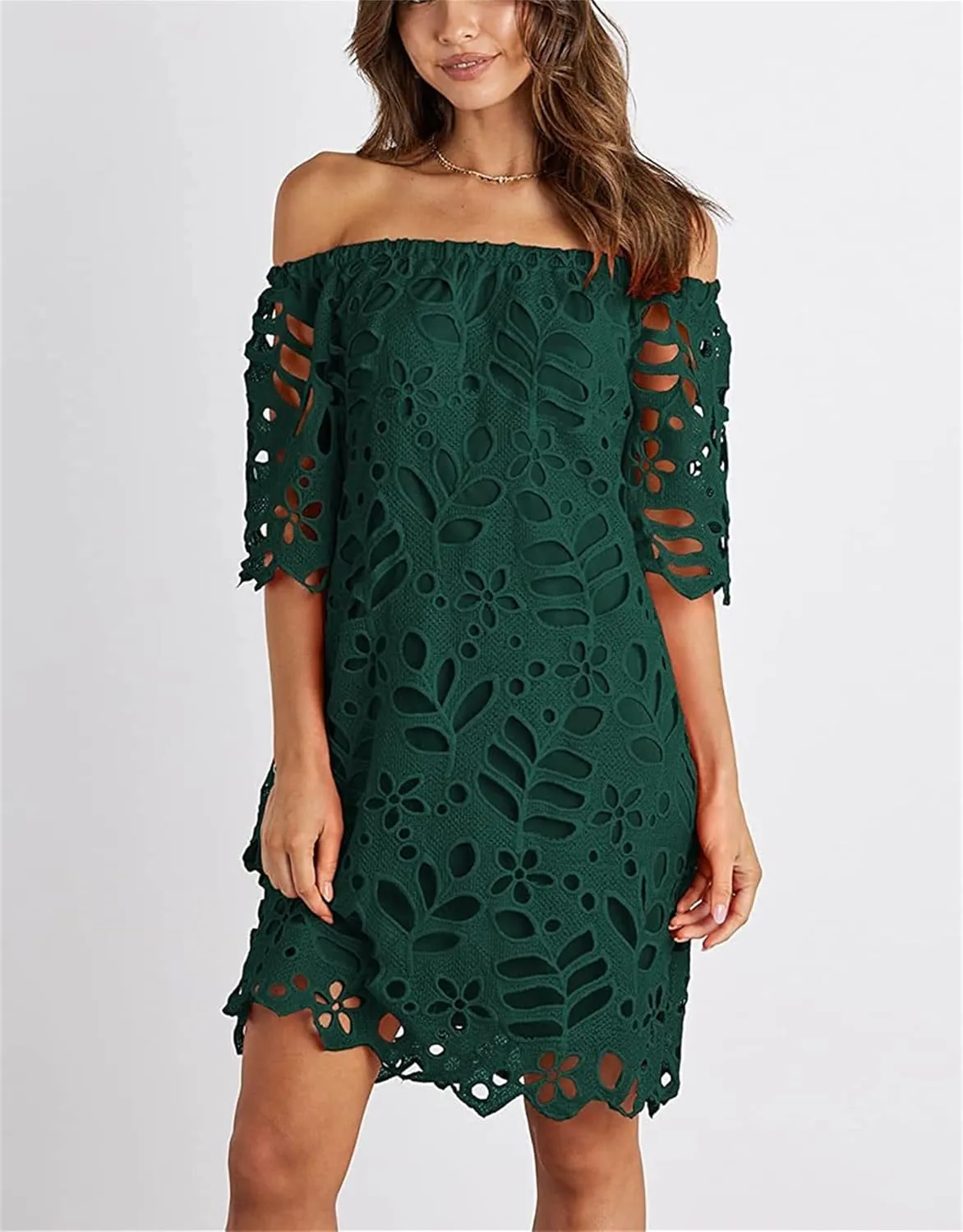 Women's Summer Dresses, Elegant Off Shoulder Floral Lace Hollow 1/2 Sleeve Ruffle Mini Dress