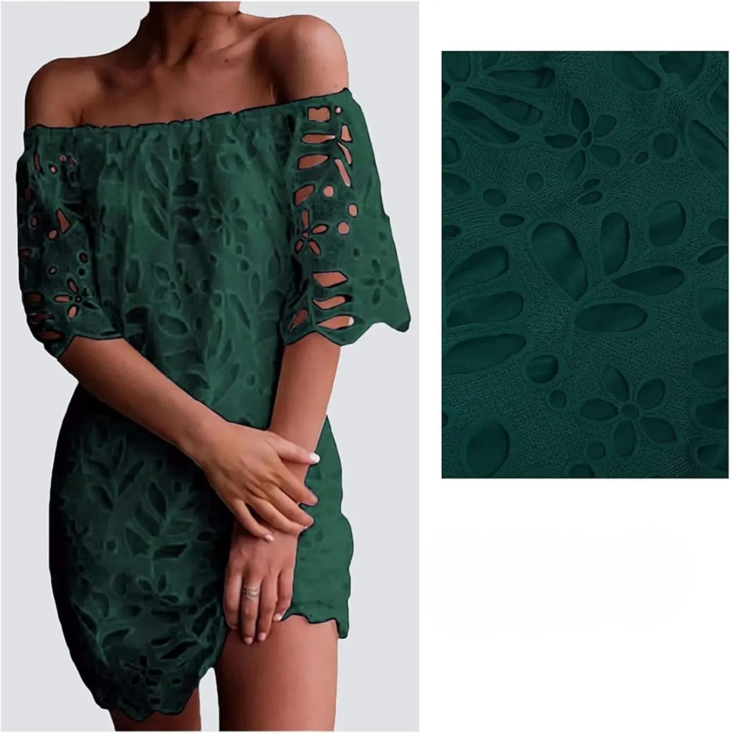 Women's Summer Dresses, Elegant Off Shoulder Floral Lace Hollow 1/2 Sleeve Ruffle Mini Dress