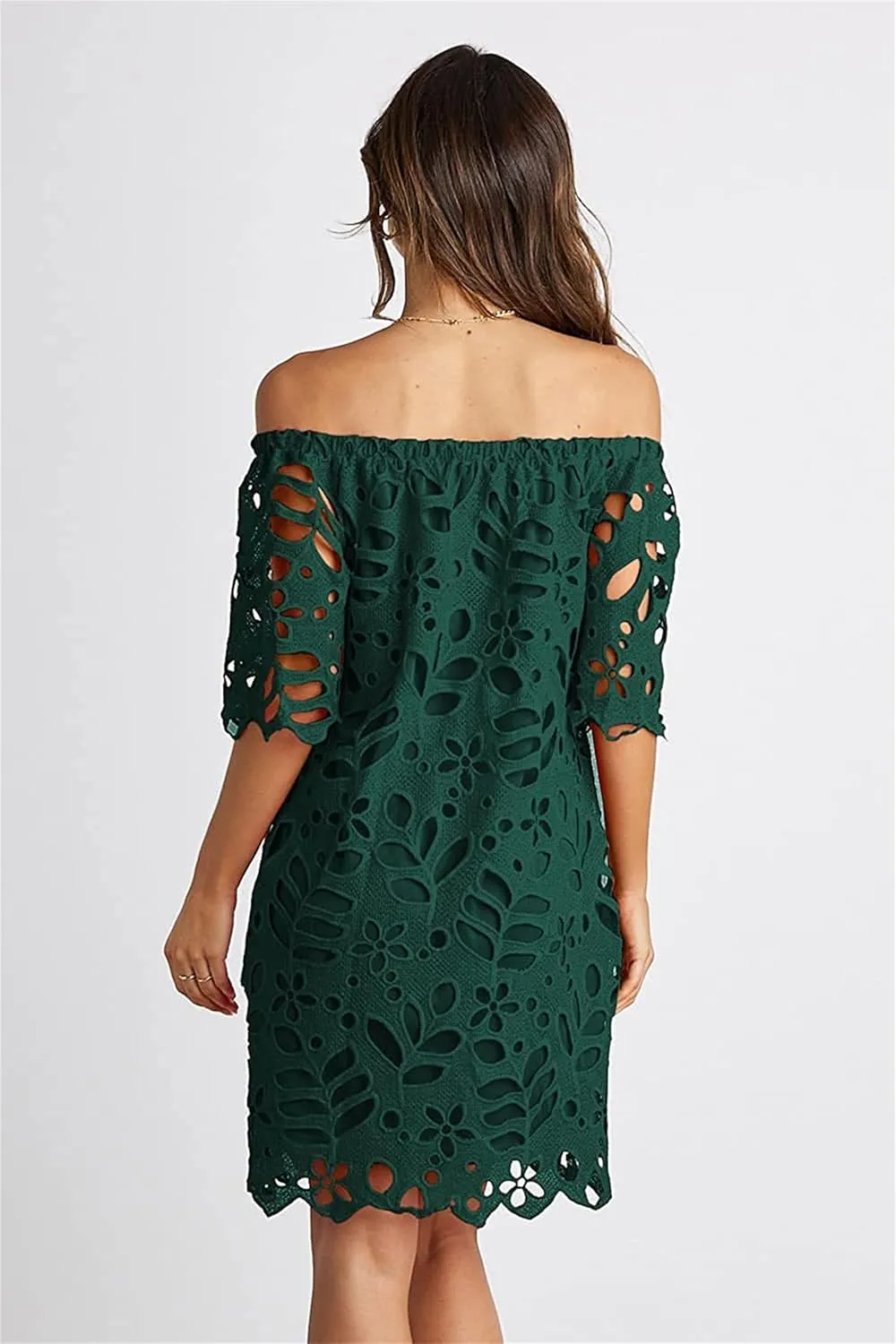 Women's Summer Dresses, Elegant Off Shoulder Floral Lace Hollow 1/2 Sleeve Ruffle Mini Dress