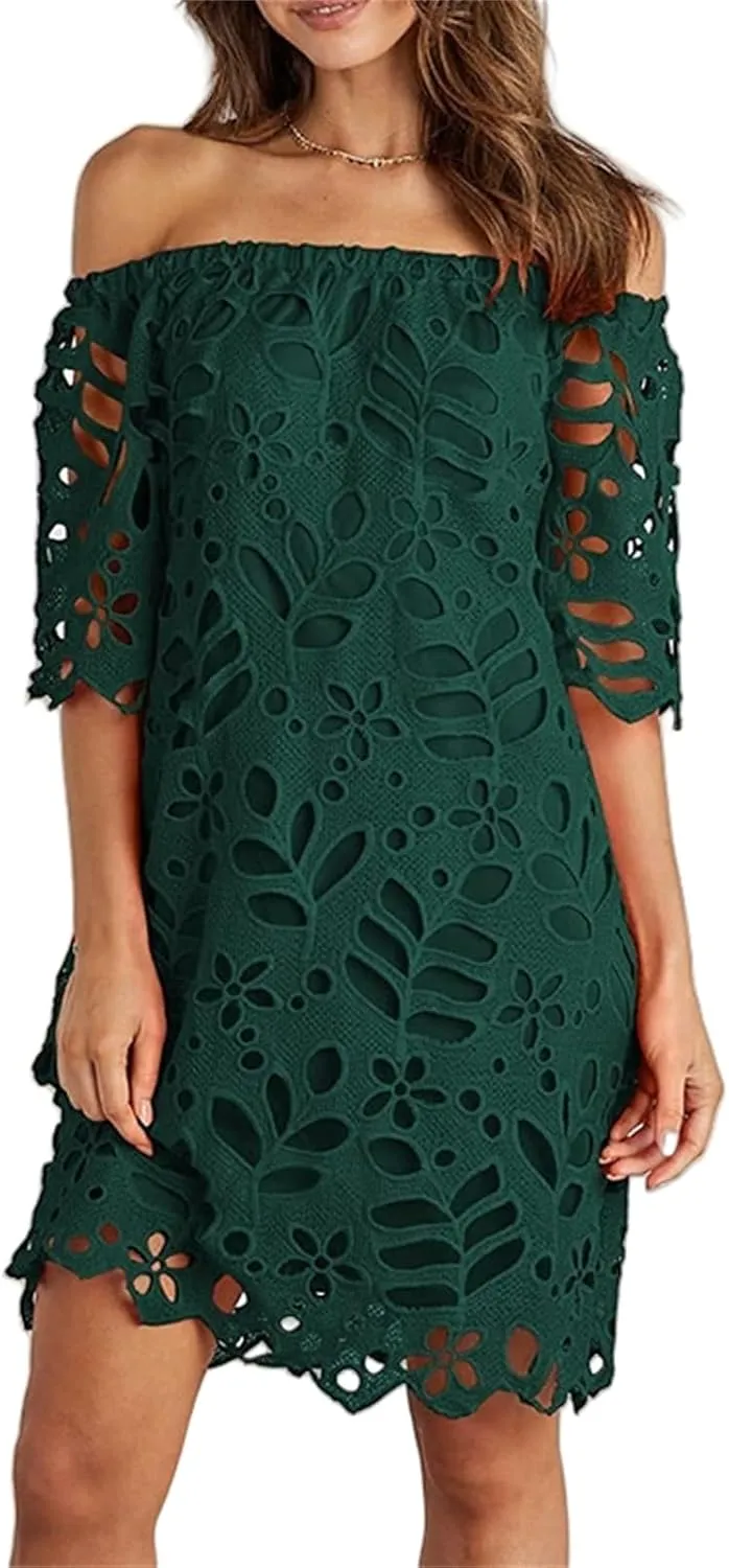Women's Summer Dresses, Elegant Off Shoulder Floral Lace Hollow 1/2 Sleeve Ruffle Mini Dress