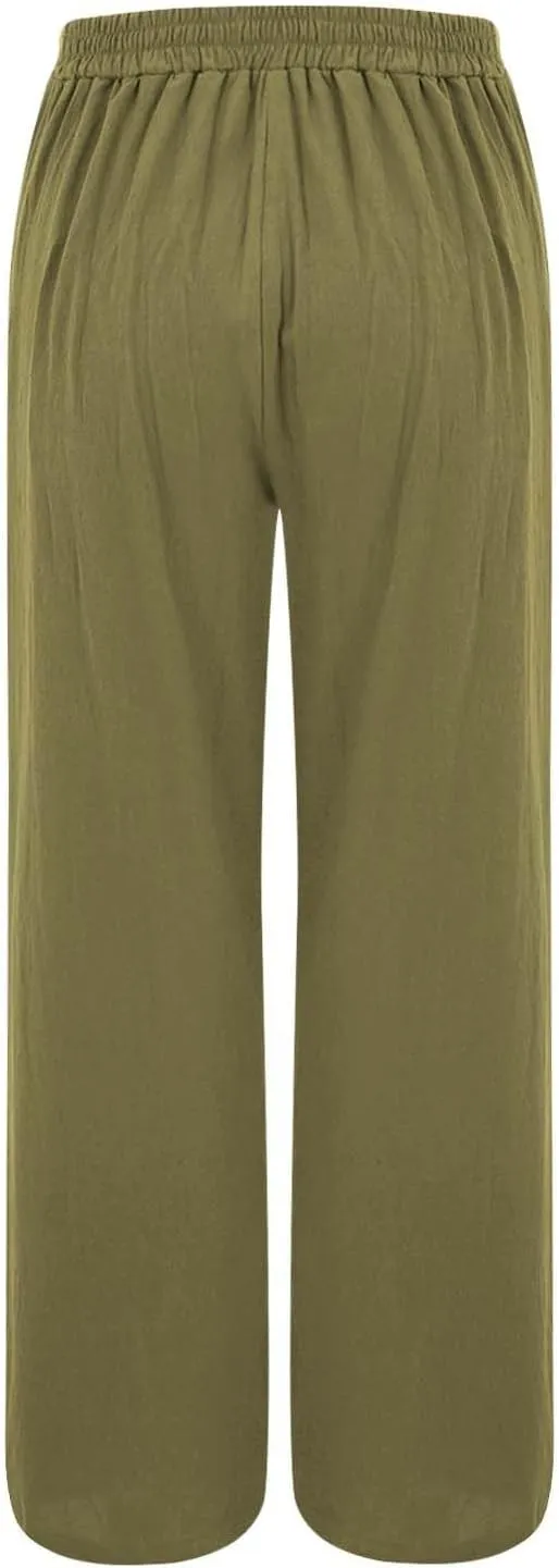 Women's Summer Linen Palazzo Pants Casual Lightweight Straight Wide Leg Trousers Elastic Band Plain Joggers Comfy Yoga Pants