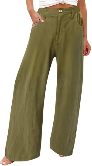 Women's Summer Linen Palazzo Pants Casual Lightweight Straight Wide Leg Trousers Elastic Band Plain Joggers Comfy Yoga Pants