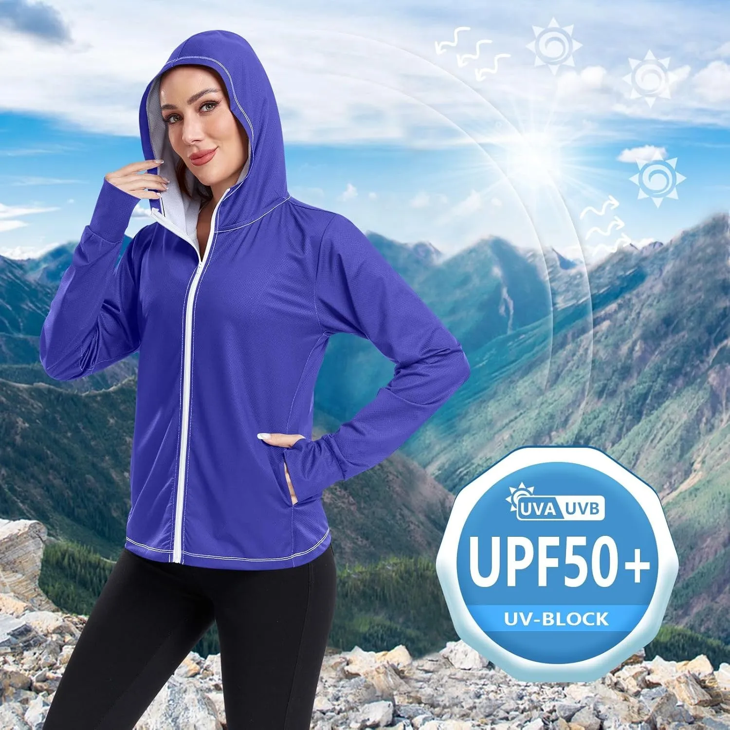 Womens Sun Protection Shirts Lavender Blue UV Cooling Hoodie Summer Clothing Long Sleeve SPF 50 Quick Dry Cooling Shirts