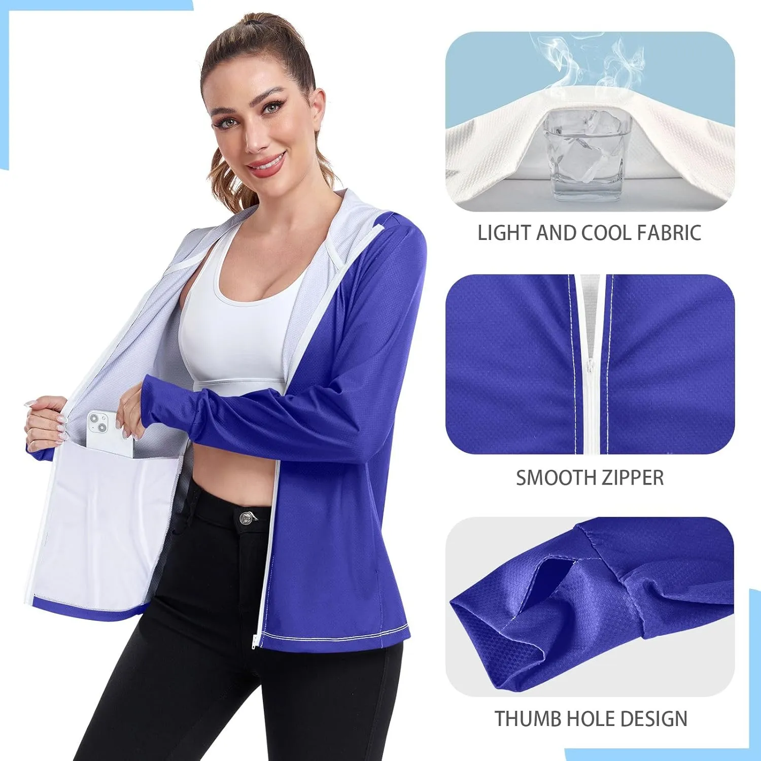 Womens Sun Protection Shirts Lavender Blue UV Cooling Hoodie Summer Clothing Long Sleeve SPF 50 Quick Dry Cooling Shirts