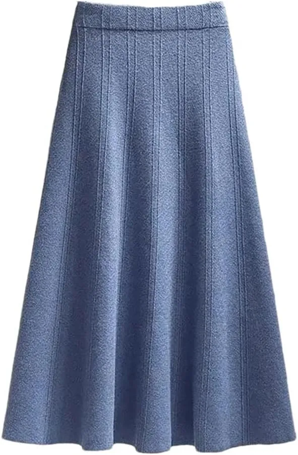 Women's Thickened Knitted Skirt Elastic Waist Solid Color A-Line Pleated Casual Midi Skirts