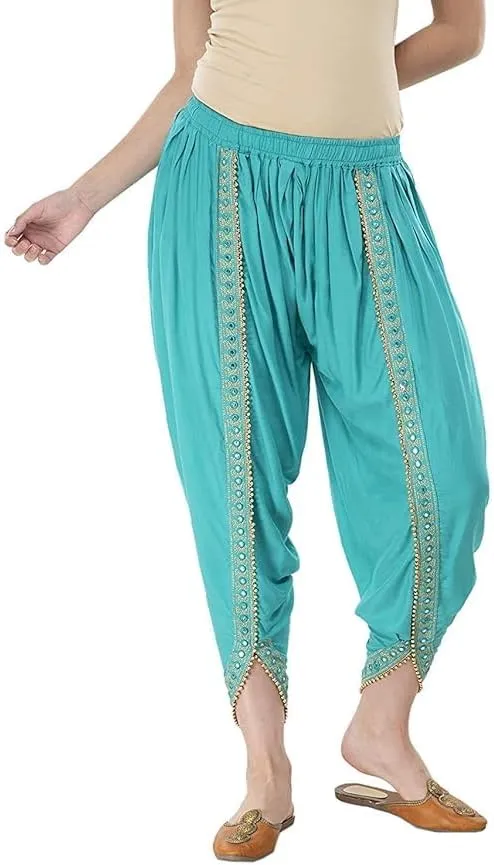 Women's Traditional Dhoti Harem Pants, Cream White with Gold Embellishments, Free Size 28-36
