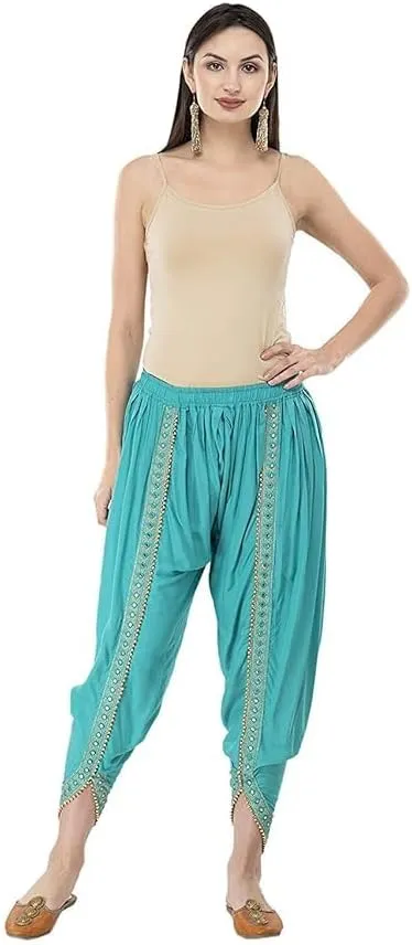 Women's Traditional Dhoti Harem Pants, Cream White with Gold Embellishments, Free Size 28-36