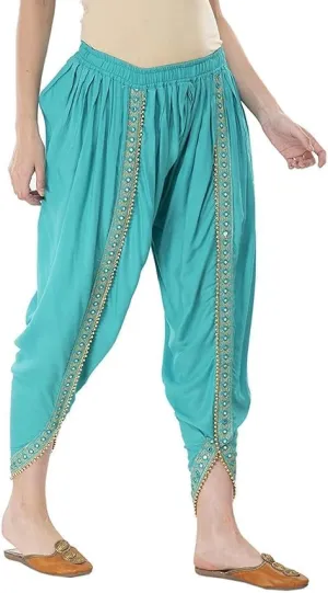 Women's Traditional Dhoti Harem Pants, Cream White with Gold Embellishments, Free Size 28-36