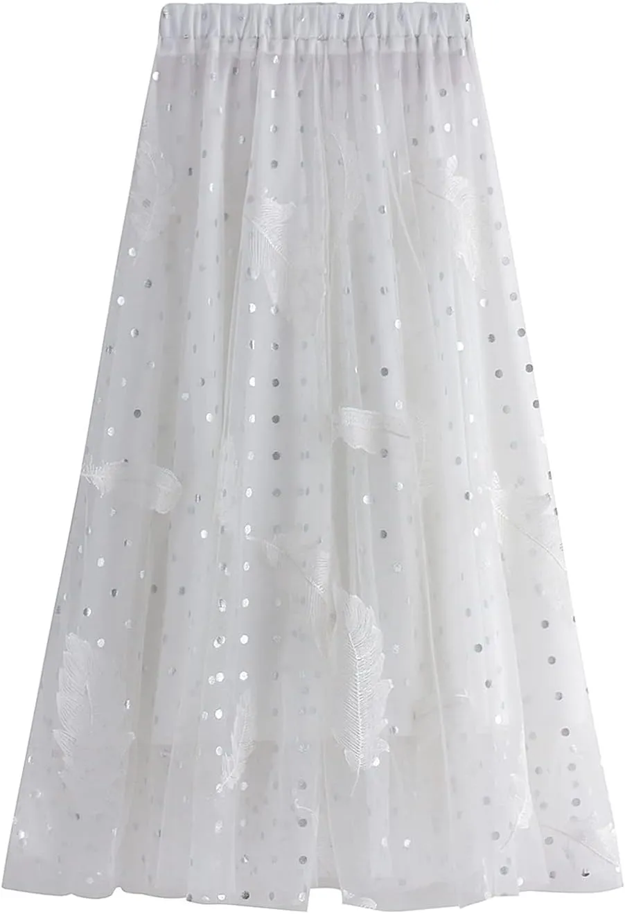 Women's Tulle Midi Skirt Elastic High Waist Layered Pleated Mesh Flowy A-Line Prom Party Long Tutu Skirts