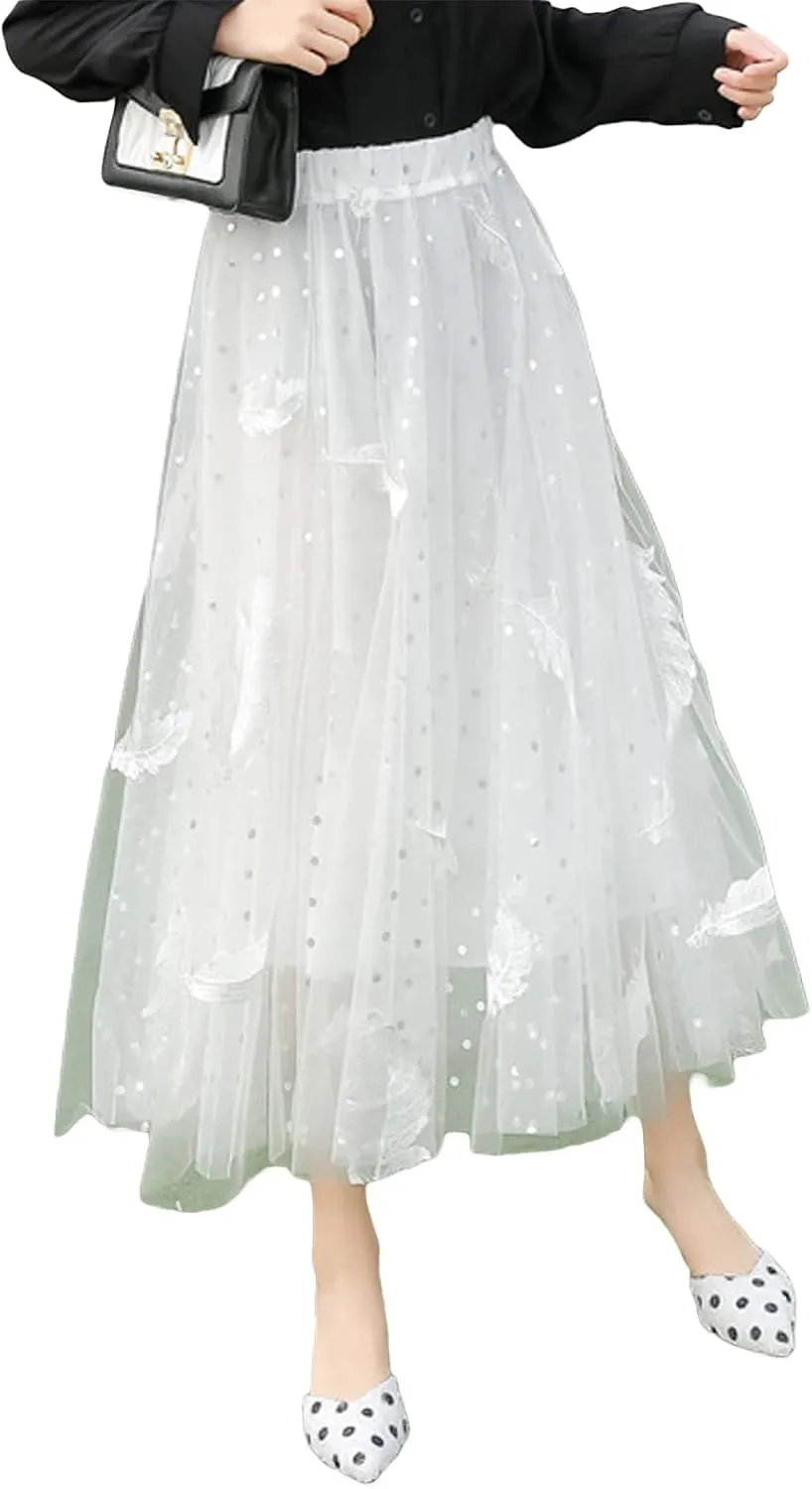 Women's Tulle Midi Skirt Elastic High Waist Layered Pleated Mesh Flowy A-Line Prom Party Long Tutu Skirts