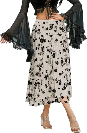 Women's Tulle Midi Skirt Elastic High Waist Layered Pleated Mesh Flowy A-Line Prom Party Long Tutu Skirts