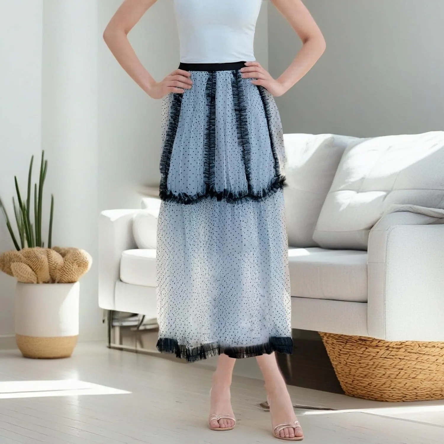 Women's Tulle Midi Skirt Elastic High Waist Layered Pleated Mesh Flowy A-Line Prom Party Long Tutu Skirts