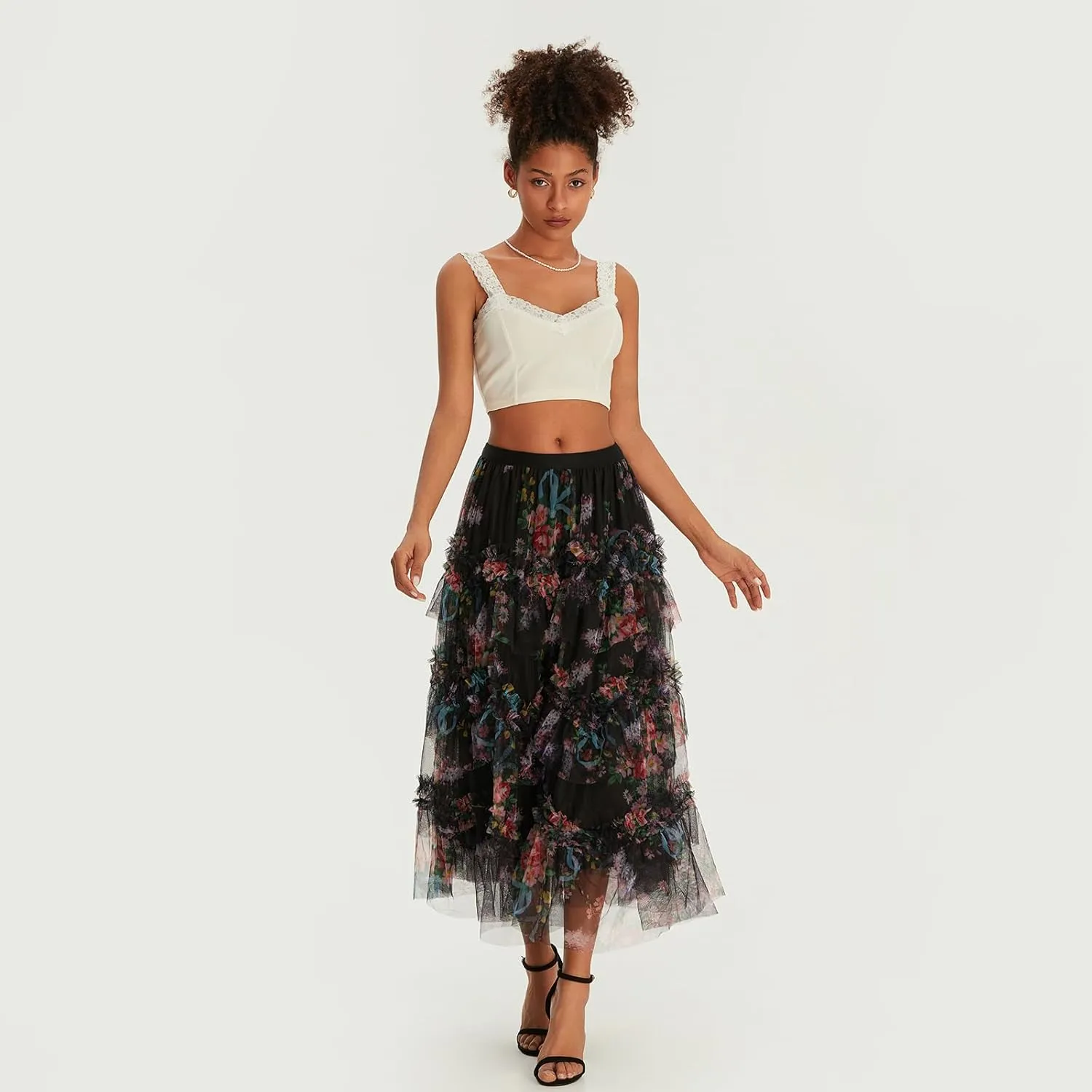 Women's Tulle Midi Skirt Elastic High Waist Layered Pleated Mesh Flowy A-Line Prom Party Long Tutu Skirts