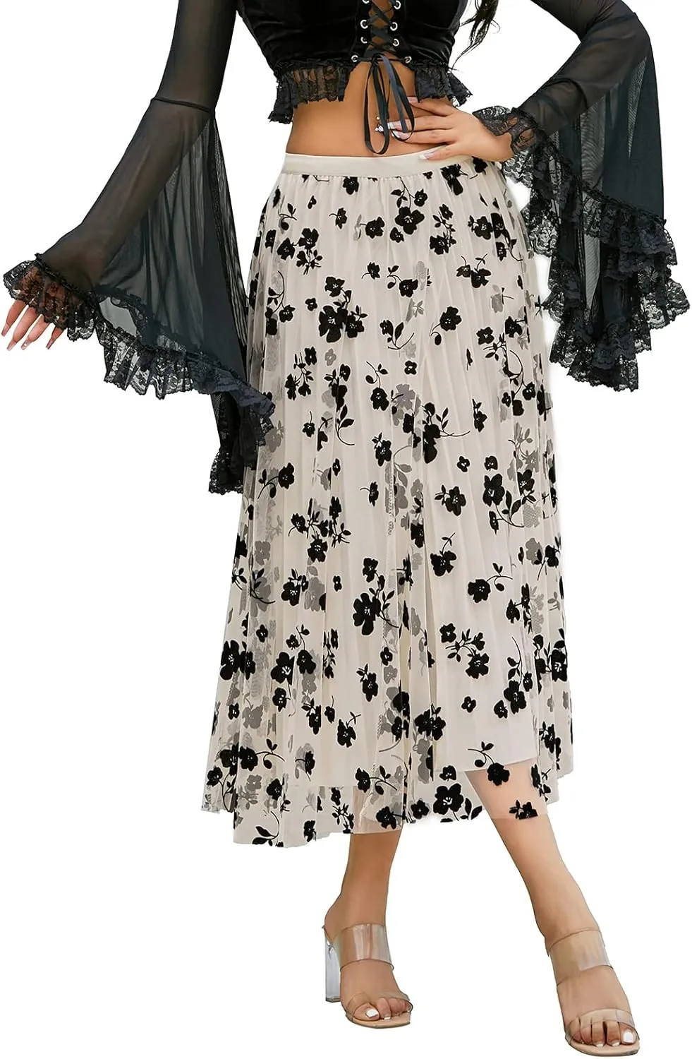 Women's Tulle Midi Skirt Elastic High Waist Layered Pleated Mesh Flowy A-Line Prom Party Long Tutu Skirts