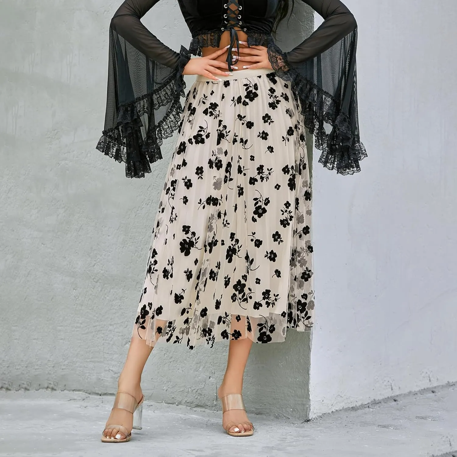 Women's Tulle Midi Skirt Elastic High Waist Layered Pleated Mesh Flowy A-Line Prom Party Long Tutu Skirts