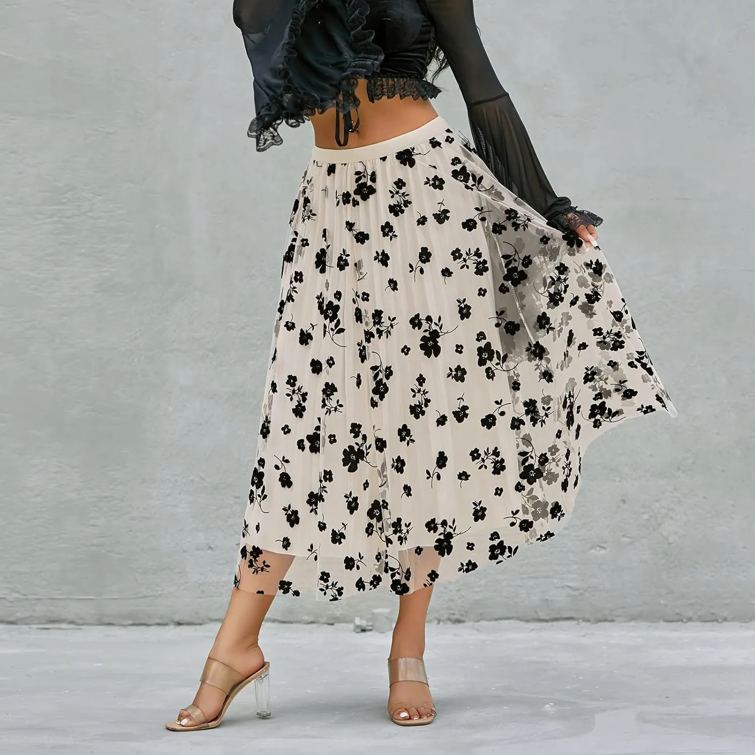 Women's Tulle Midi Skirt Elastic High Waist Layered Pleated Mesh Flowy A-Line Prom Party Long Tutu Skirts