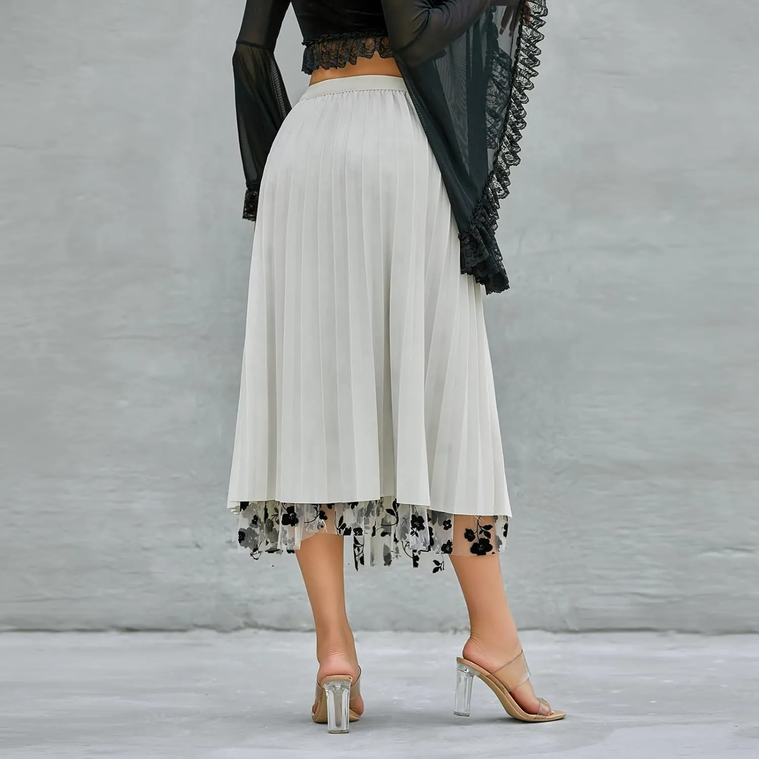 Women's Tulle Midi Skirt Elastic High Waist Layered Pleated Mesh Flowy A-Line Prom Party Long Tutu Skirts