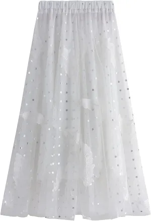 Women's Tulle Midi Skirt Elastic High Waist Layered Pleated Mesh Flowy A-Line Prom Party Long Tutu Skirts