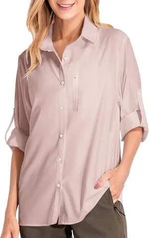 Womens UPF 50  Sun Protection Fishing Shirt Quick Dry Button Down Long Sleeve Shirts Solid Color Outdoor Travel Shirts