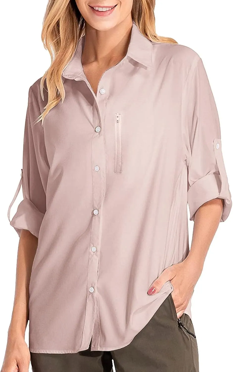 Womens UPF 50  Sun Protection Fishing Shirt Quick Dry Button Down Long Sleeve Shirts Solid Color Outdoor Travel Shirts