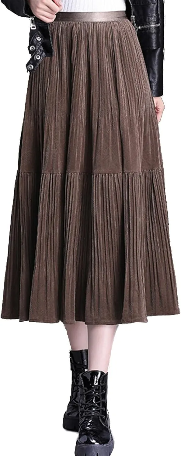 Womens Velvet High Waist Midi Skirt Casual Elastic Waist Flared Layered Pleated Skirt